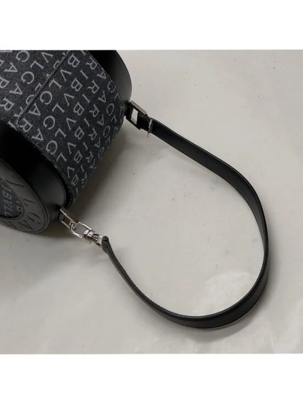 Authentic Bvlgari Logo Canvas Cylinder Shoulder Bag Black Leather